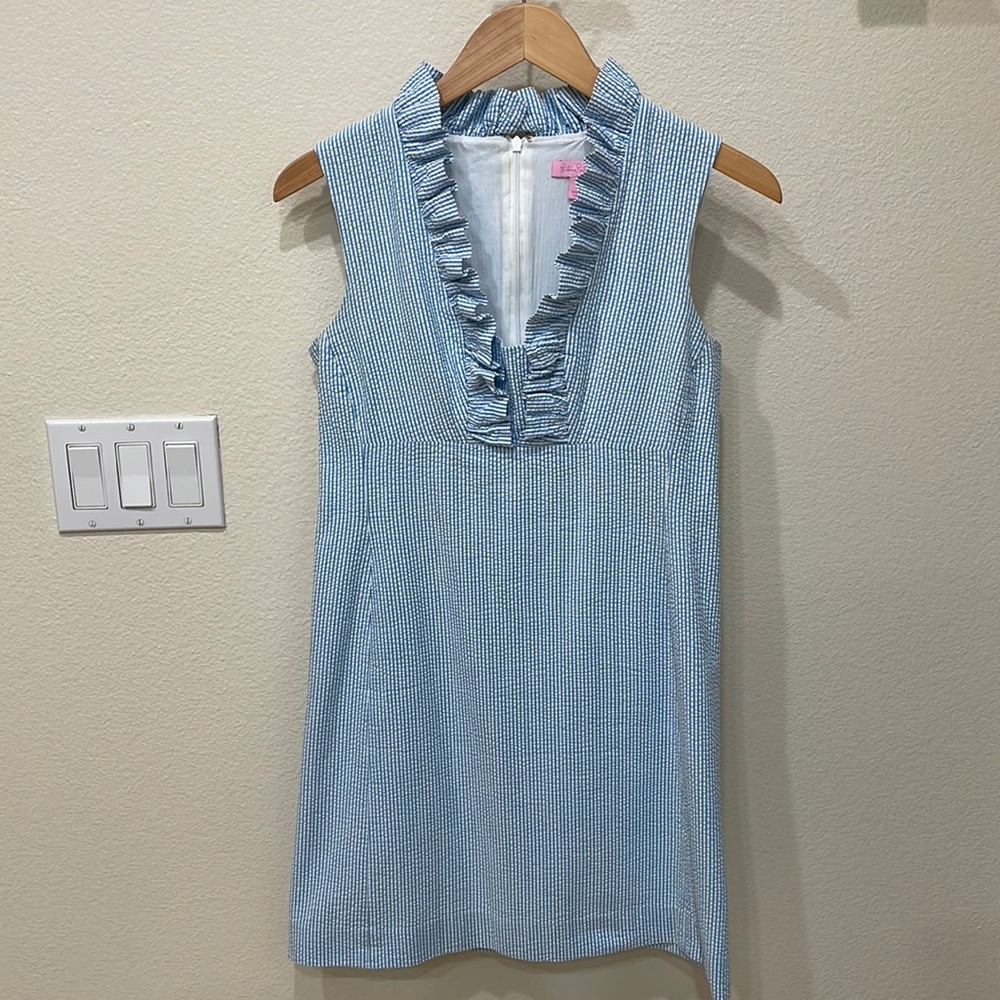 Lily Pulitzer Blue/White Seersucker Cotton Ruffle Dress—Beach-Cruise-Pretty!! 4